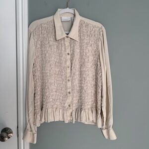 Liz Claiborne 100% Silk Cream Ruched Textured Long Sleeve Button-Down Shirt